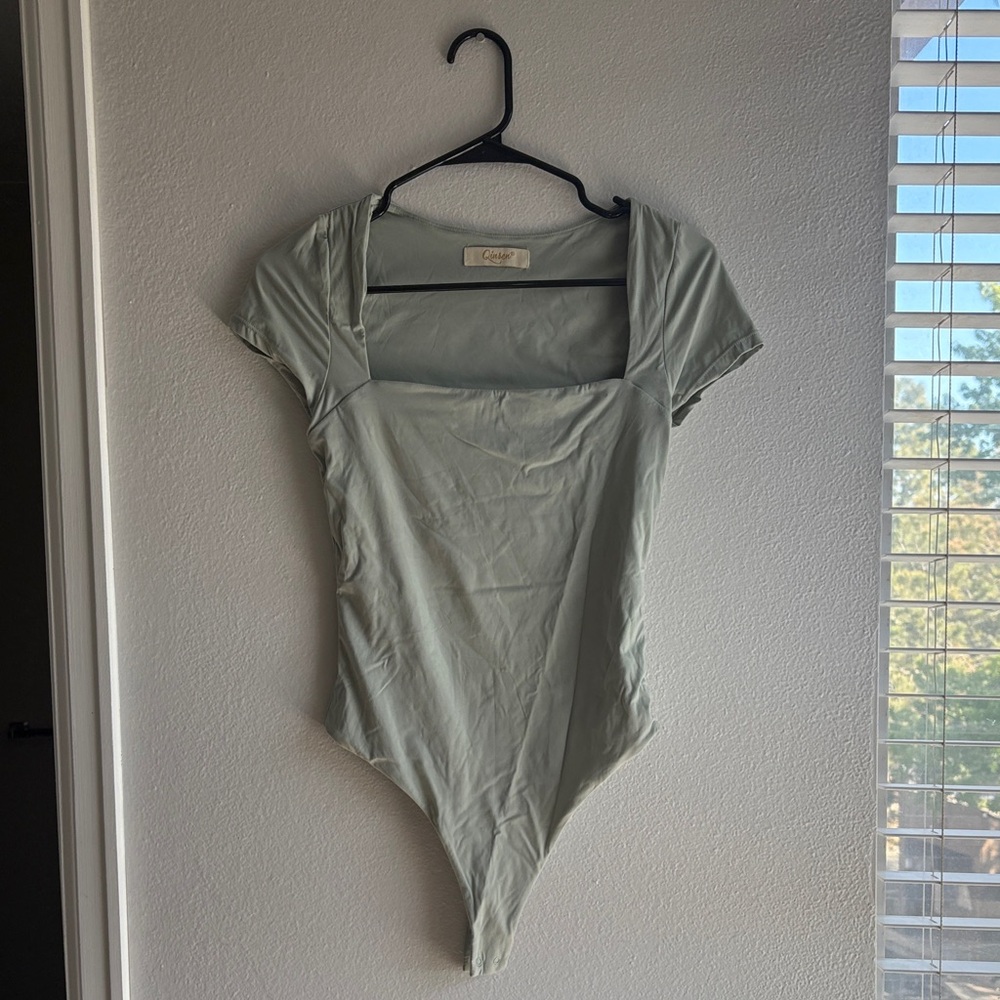 Square Neck Short Sleeve Bodysuit in Sage